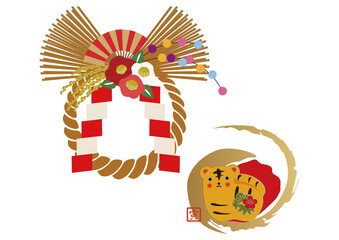 お正月のデザイン素材。
輪飾りのアイコン。干支。日本の正月。虎のイラスト。
縁起物のイラスト。年賀状用。