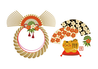 お正月のデザイン素材。
輪飾りのアイコン。干支。日本の正月。虎のイラスト。
縁起物のイラスト。年賀状用。