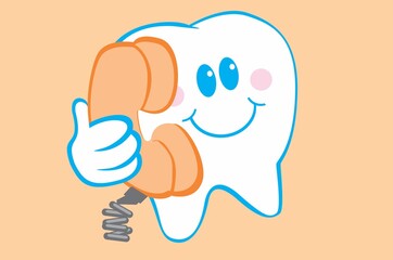 Illustration of happy little tooth making contact via cell phone