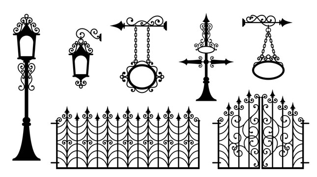 Iron fence with gates, signboards, lanterns and pointers. Metal entrance, street lights and signs in vintage style. Beautiful and sophisticated forged design elements. Isolated silhouette. Vector