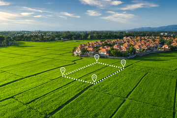 Land plot in aerial view. Gps registration survey of property, real estate for map with location, area. Concept for residential construction, development. Also home or house for sale, buy, investment.