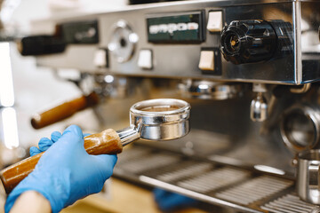 Ground coffee in a holder for making coffee