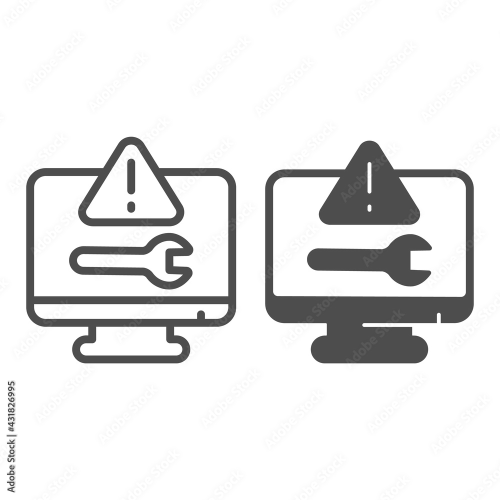 Poster monitor wrench and warning triangle line and solid icon, pcrepair concept, monitor vector sign on wh