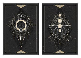 Vector dark illustrations with sacred geometry symbols, grunge textures and frames. Images in black, white and gold.