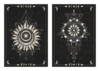 Vector dark illustrations with sacred geometry symbols, grunge textures and frames. Images in black, white and gold.
