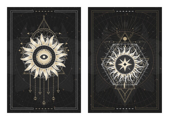 Vector dark illustrations with sacred geometry symbols, grunge textures and frames. Images in black, white and gold.