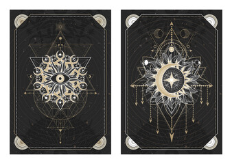 Vector dark illustrations with sacred geometry symbols, grunge textures and frames. Images in black, white and gold.