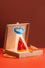 UFO stealing a pizza slice from a box, creative food photography in red tones, funny idea
