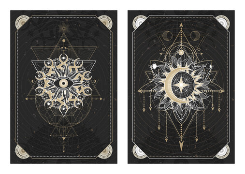 Vector dark illustrations with sacred geometry symbols, grunge textures and frames. Images in black, white and gold. © nadezhdash