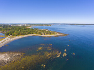 Odiorne Point and coast aerial view in summer in Odiorne Point State Park in town of Rye, New Hampshire NH, USA. 