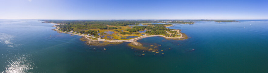 Odiorne Point and coast aerial view panorama in summer in Odiorne Point State Park in town of Rye,...