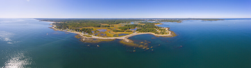 Odiorne Point and coast aerial view panorama in summer in Odiorne Point State Park in town of Rye, New Hampshire NH, USA. 