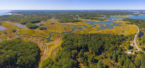 Piscataqua River and coast aerial view panorama in summer in Odiorne Point State Park in town of Rye, New Hampshire NH, USA. 
