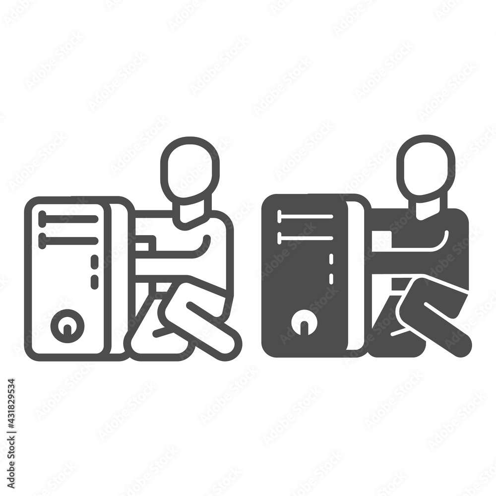 Poster system unit and master line and solid icon, pcrepair concept, system unit, master vector sign on whi