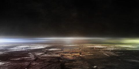 3d rendering of abstract mountain rock light in the dark empty road with black background smoke scene An empty night