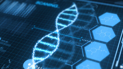 Detailed digital  dashboard hologram analysis interface of futuristic DNA analysis process,Medical HUD and DNA laboratory research display