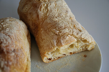 Bread loaf on table. Soft focus. Close up.