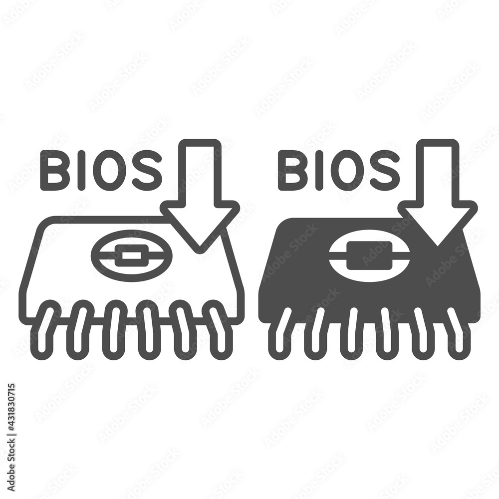 Poster microcircuit with bios chip line and solid icon, pcrepair concept, bios chip vector sign on white ba