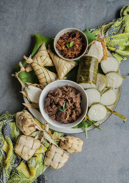 Popular food for breaking fast during ramadan / Ramadan Food / Food like lemang, ketupat, ketupat palas, beef and chicken rendang and serunding are commonly eaten together