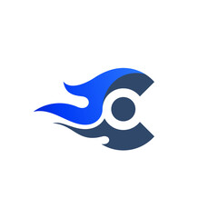 Fast fire logo with letter C icon template, blue color, 3d style