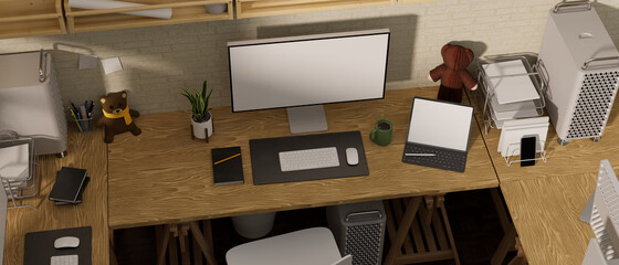 3D rendering, office workspace with computer devices with mock up screen, office supplies and decoration on wooden table