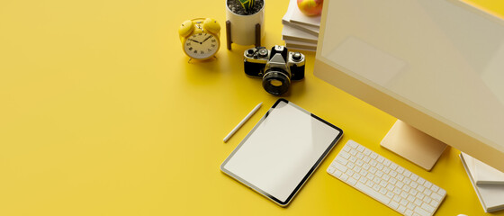 3D rendering, computer monitor, digital tablet with mock-up screen, camera and stationery on yellow background