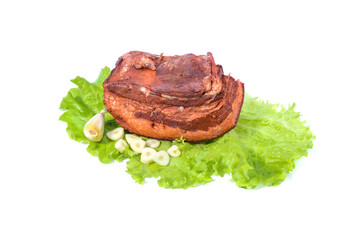 Pork fat.A piece of homemade boiled brisket with meat layers is isolated on a white background.