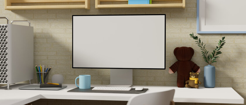 3D rendering, computer device with mock-up screen on white desk with supplies and decorations in home office