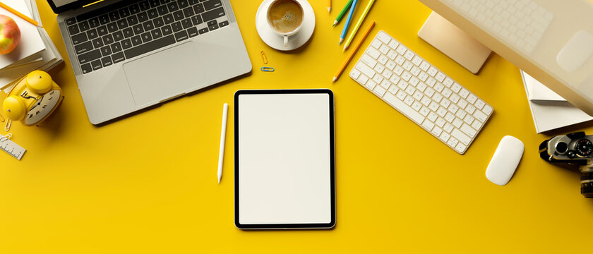 3D rendering, digital tablet with mock-up screen on yellow background with laptop and computer devices