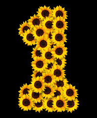image of number 1 made of yellow sunflowers flowers isolated on black background. Design element...