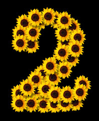 image of number 2 made of yellow sunflowers flowers isolated on black background. Design element for love concepts designs. Ideal for mothers day and spring themes