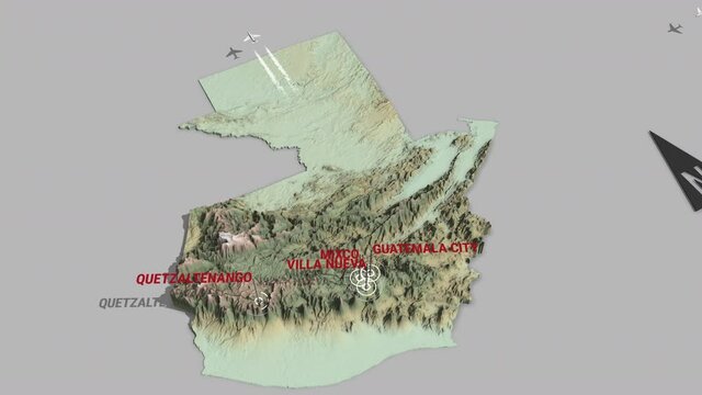 Seamless looping animation of the 3d terrain map of Guatemala with the capital and the biggest cites in 4K resolution