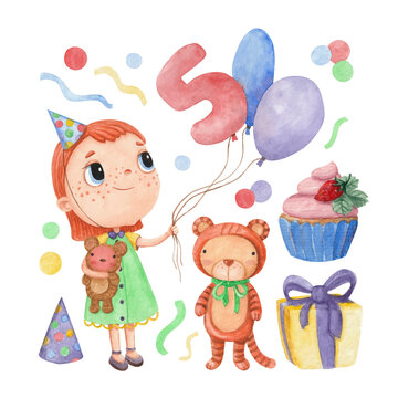 A set of cute watercolor birthday illustrations
