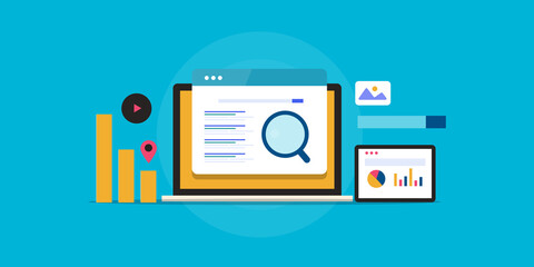 Fototapeta premium Digital marketing including search engine optimization strategy development and data analysis. SEO campaign concept. Flat design vector banner.