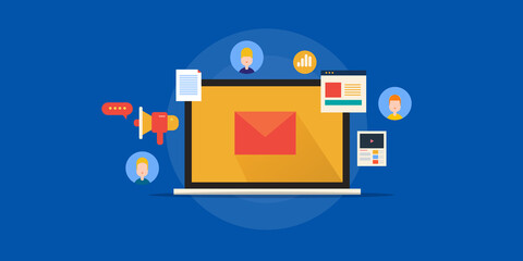 Email marketing campaign. Red email displaying on yellow computer screen. Internet and communication technology.
