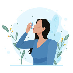 Woman uses an asthma inhaler against an allergic attack. World asthma day. Allergy, asthmatic. Inhalation medicine. Bronchial asthma. Vector flat concept illustration - obrazy, fototapety, plakaty