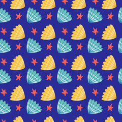 Pattern with yellow and blue seashells. Print on a blue background. Vector illustration. For childrens prints, clothing, packaging, covers and flyers, various decor.