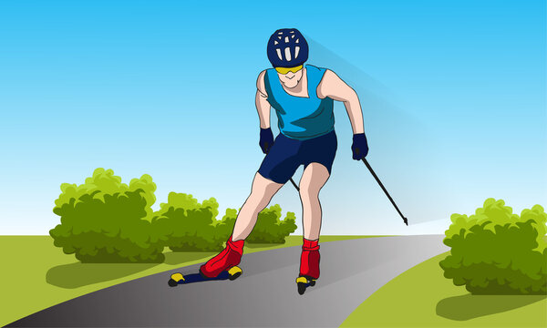 The athlete trains, rides on roller skis in a helmet and with ski poles.