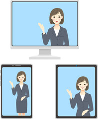 A woman in a suit who guides you in the device screen