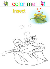 Butterfly larvae are caterpillars. Cartoon insect larvae on a leaf. Love, romance. Coloring book for children.