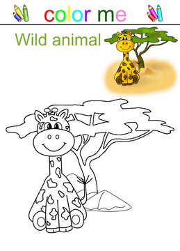 Giraffe. Cartoon animal close-up on the background of the savanna. Coloring book for children.