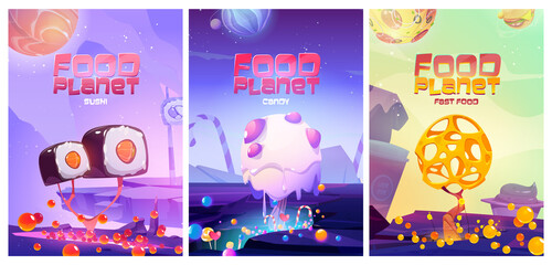 Food planet posters with fantasy landscape with sushi, fast food, candy and cheese trees. Vector cartoon flyer of restaurant, sweet store, menu cover or arcade game banner
