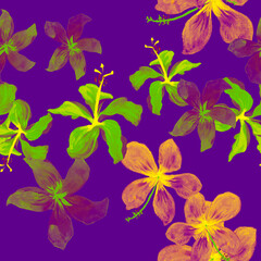 Purple Tropical Leaves. Blue Seamless Palm. Indigo Pattern Painting. Green Drawing Nature. Violet Wallpaper Hibiscus. Watercolor Illustration. Decoration Vintage.