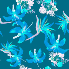 Blue Pattern Exotic. Indigo Seamless Palm. Gray Tropical Illustration. Azure Flower Vintage. Navy Decoration Palm. Spring Botanical. Summer Nature.