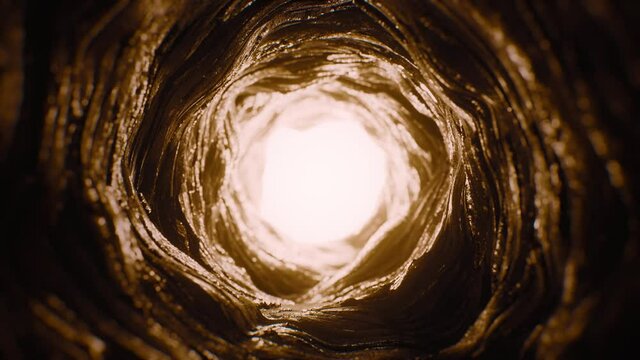 Dark Mystic Cave. Light at the end of the round tunnel. Looped video.
