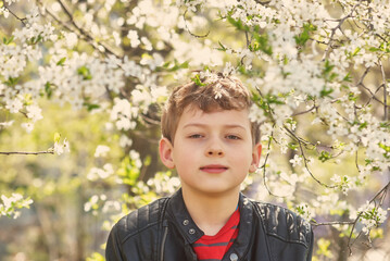 Portrait of a boy near flowering trees