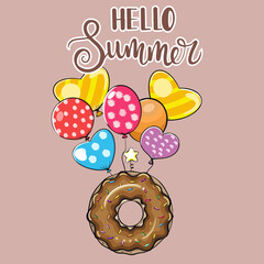 Donut glazed with copy space on pastel background. Donut with sweet sugar icing. Promo poster made of doughnut in flying