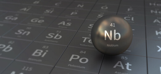 niobium element in spherical form. 3d illustration on the periodic table of the elements.
