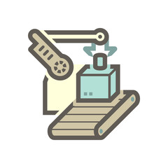 Robot, production line vector icon. Consist of robot hand, arm, product, box packaging, conveyor belt and machine. Automation engineering technology for industry i.e. assembly, manufacturing, process.