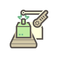 Fototapeta premium Robot, production line vector icon. Consist of robot hand, arm, product, box packaging, conveyor belt and machine. Automation engineering technology for industry i.e. assembly, manufacturing, process.